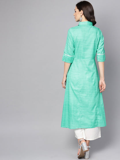 Turquoise Blue A-Line Kurta With Shirt Collar & 3/4 Sleeves | LASVINI - Redefining Indian Fashion with Elegance
