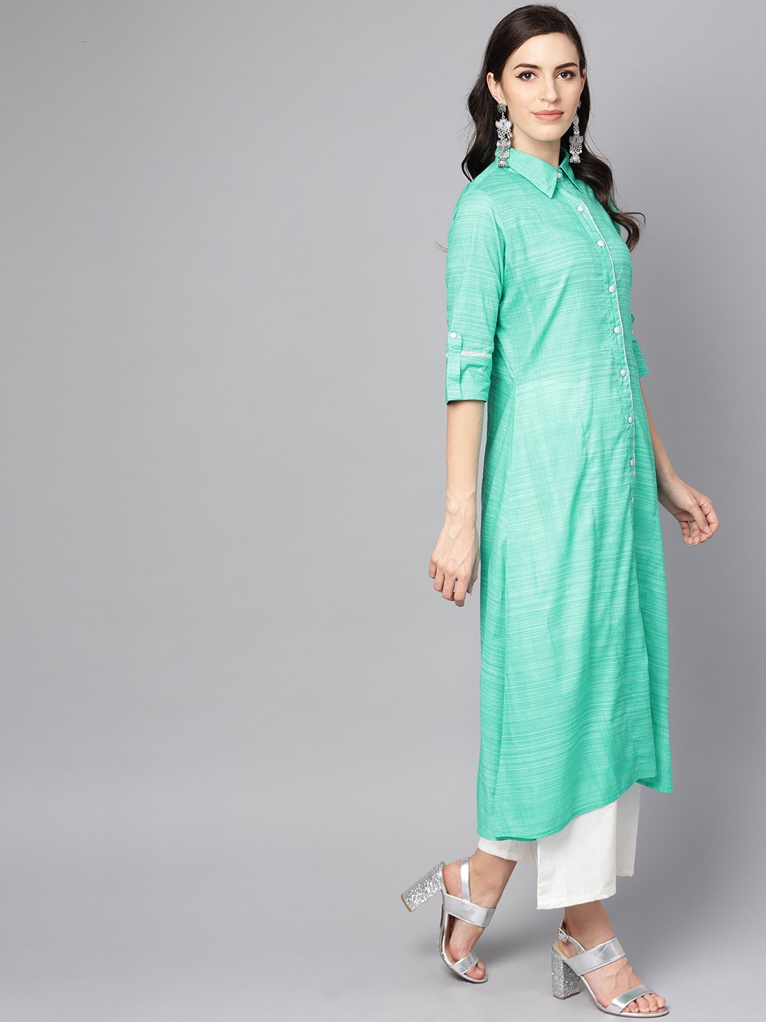 Turquoise Blue A-Line Kurta With Shirt Collar & 3/4 Sleeves | LASVINI - Redefining Indian Fashion with Elegance