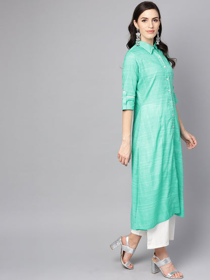 Turquoise Blue A-Line Kurta With Shirt Collar & 3/4 Sleeves | LASVINI - Redefining Indian Fashion with Elegance