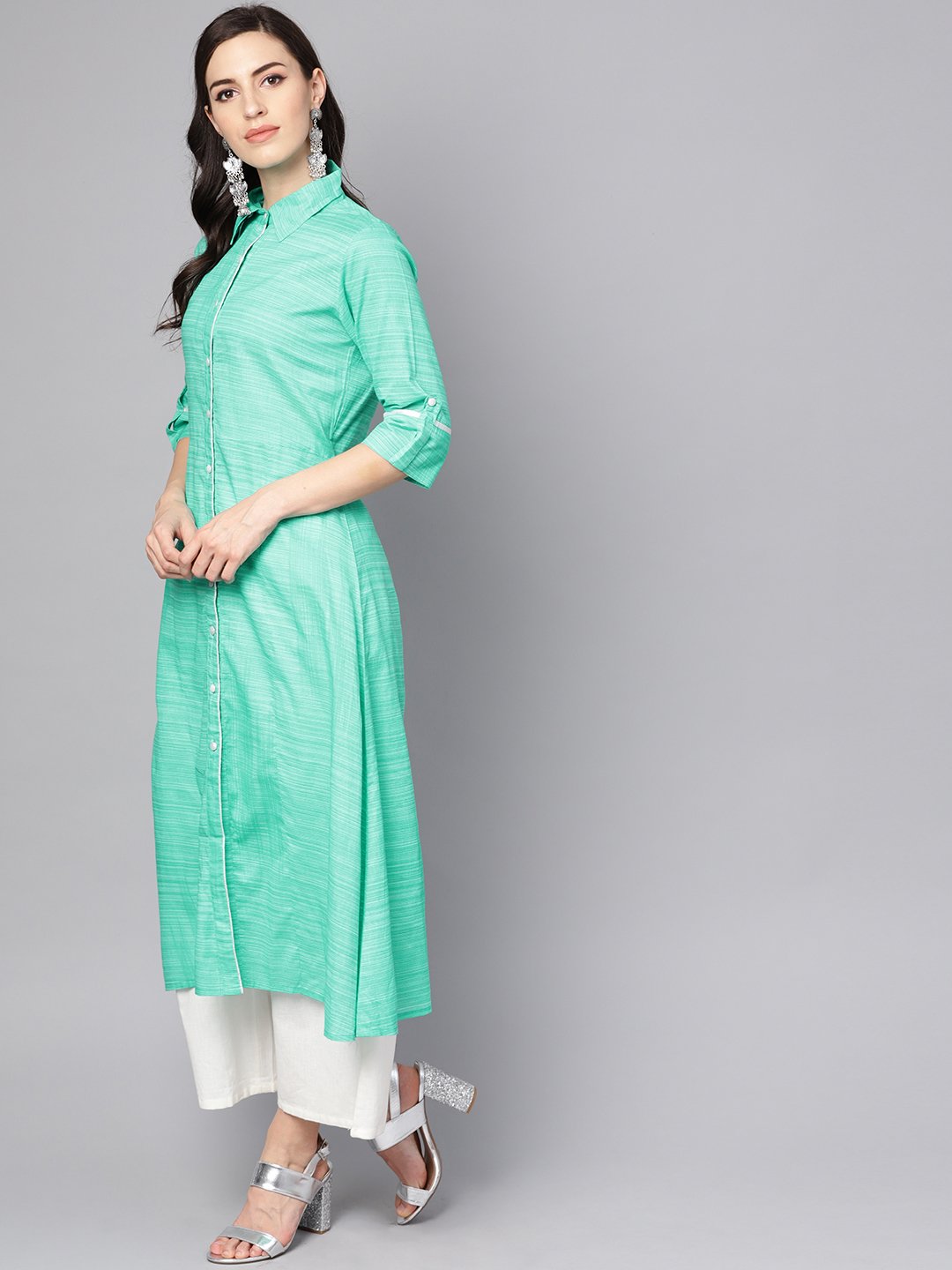 Turquoise Blue A-Line Kurta With Shirt Collar & 3/4 Sleeves | LASVINI - Redefining Indian Fashion with Elegance