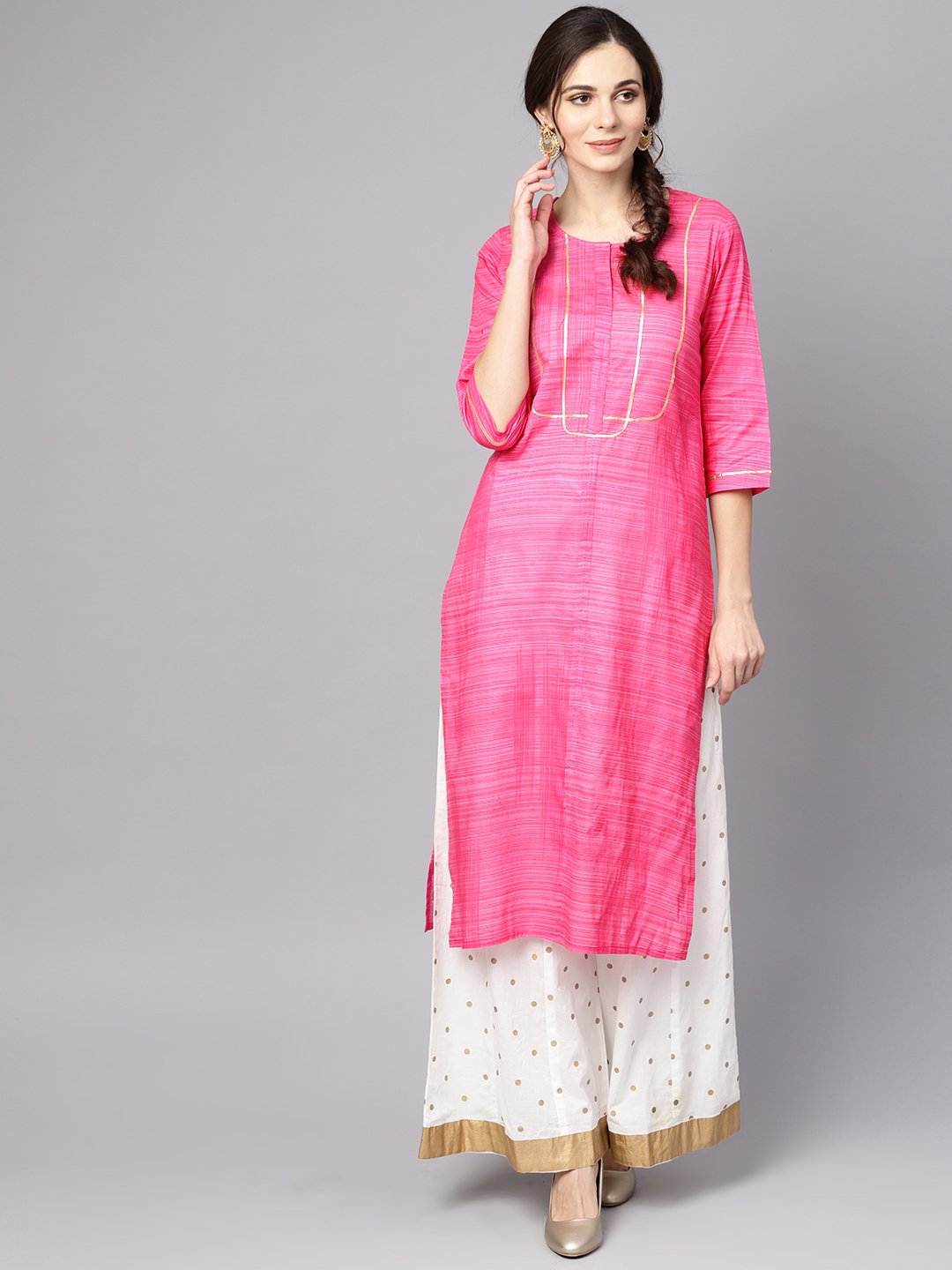 Pink Straight Kurta With Round Neck Emblished With Gotta | LASVINI - Redefining Indian Fashion with Elegance