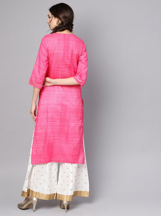 Pink Straight Kurta With Round Neck Emblished With Gotta | LASVINI - Redefining Indian Fashion with Elegance