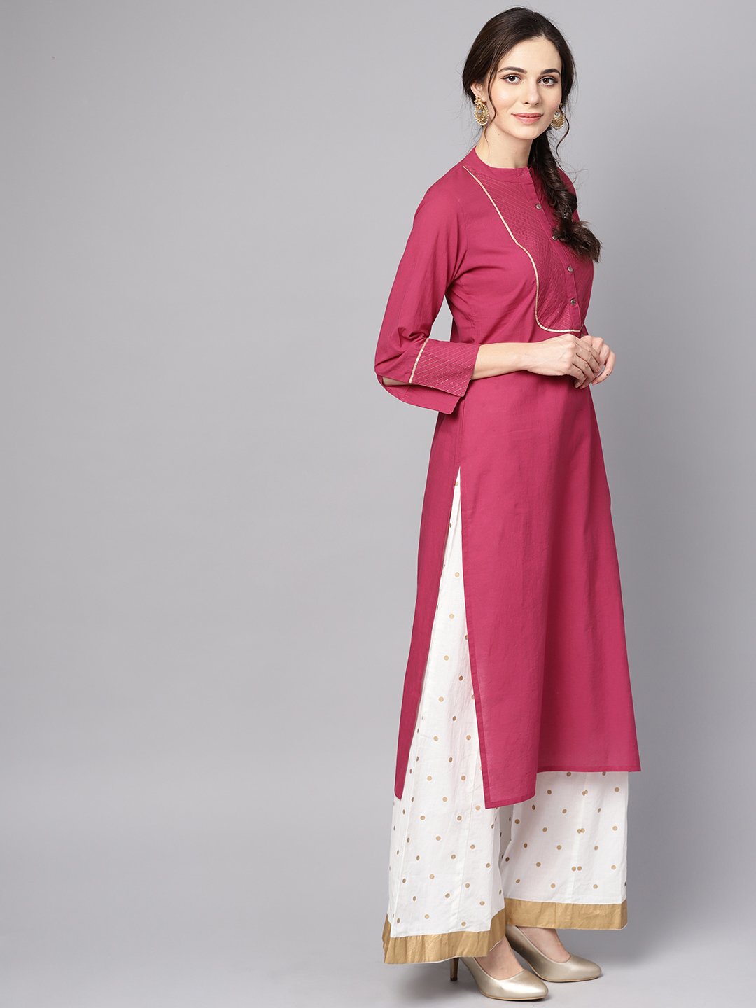 Burgundy Kurta Detailed With Gotta & Golden Thread Stitch At Yoke | LASVINI - Redefining Indian Fashion with Elegance