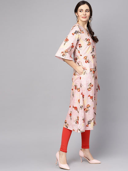 Pastel Pink Floral Printed Kurta With V-Neck & Bell Sleeves | LASVINI - Redefining Indian Fashion with Elegance