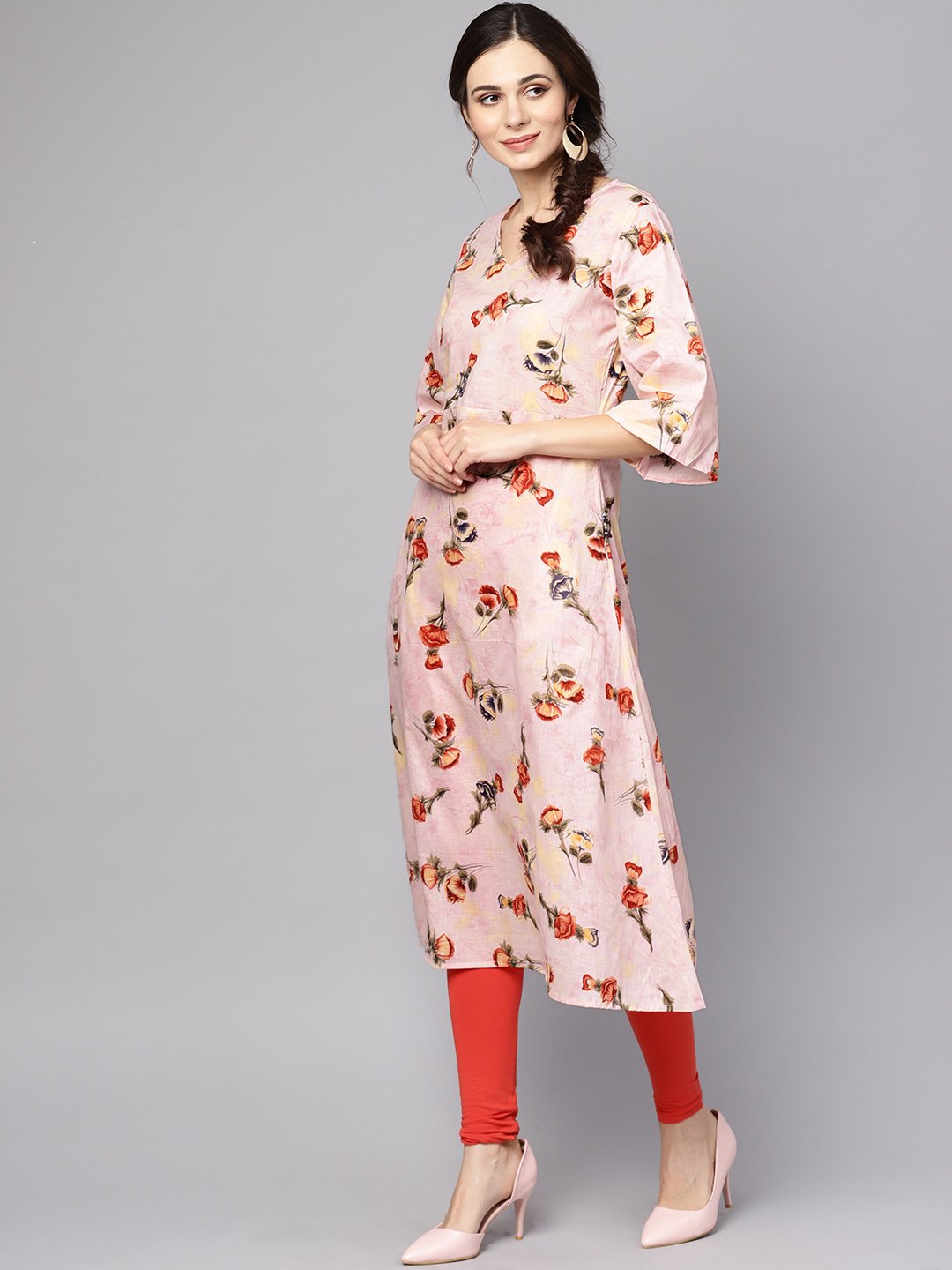 Pastel Pink Floral Printed Kurta With V-Neck & Bell Sleeves | LASVINI - Redefining Indian Fashion with Elegance