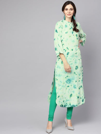 Green Tie & Dye Kurta With Mandarin Collar With Flared Sleeves | LASVINI - Redefining Indian Fashion with Elegance