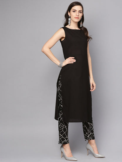 Solid Black Sleeveless Kurta Set With Printed Pants | LASVINI - Redefining Indian Fashion with Elegance