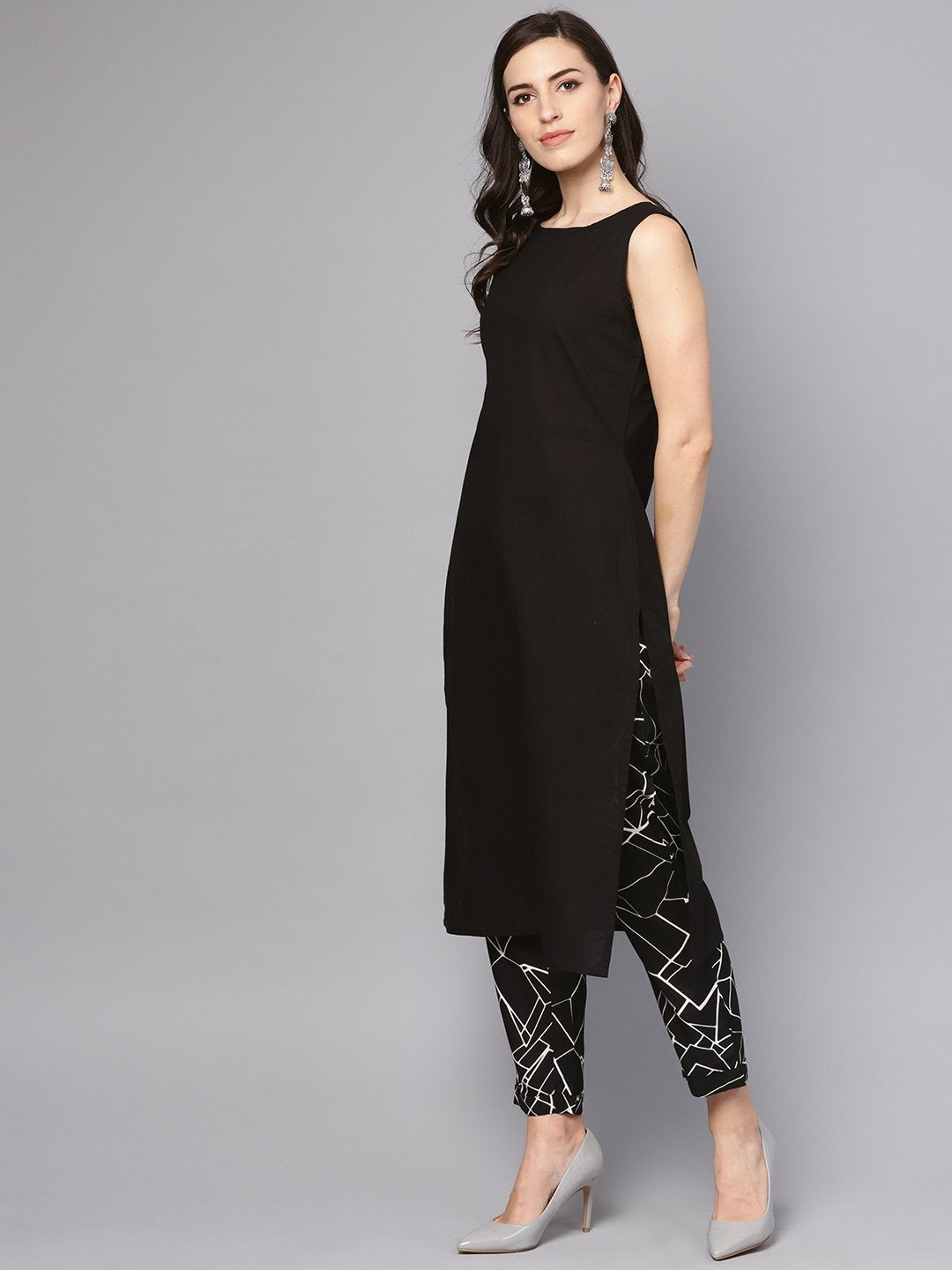 Solid Black Sleeveless Kurta Set With Printed Pants | LASVINI - Redefining Indian Fashion with Elegance