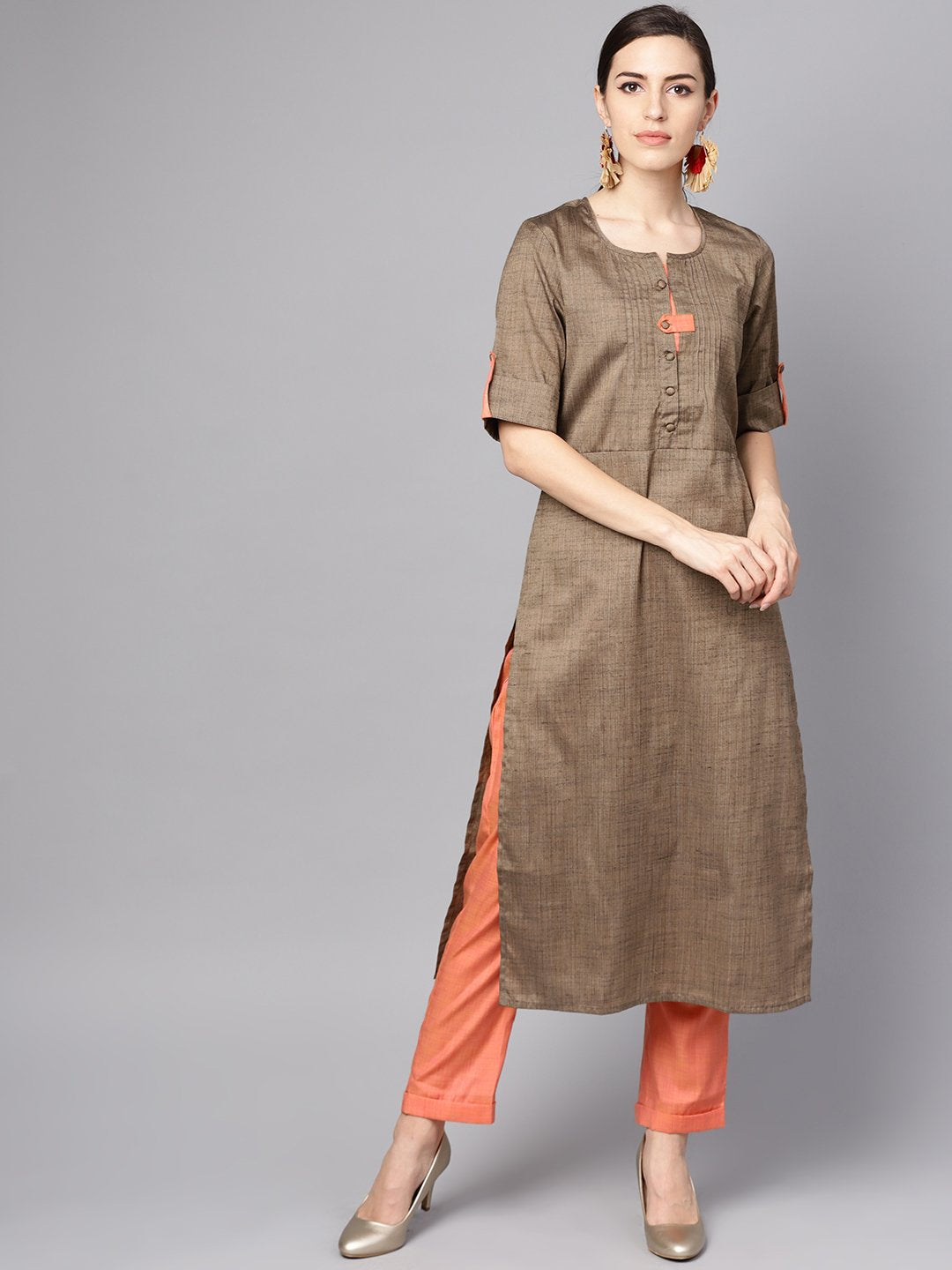 Solid Brown Half Sleeve Cotton Kurta With Solid Peach Pants | LASVINI - Redefining Indian Fashion with Elegance