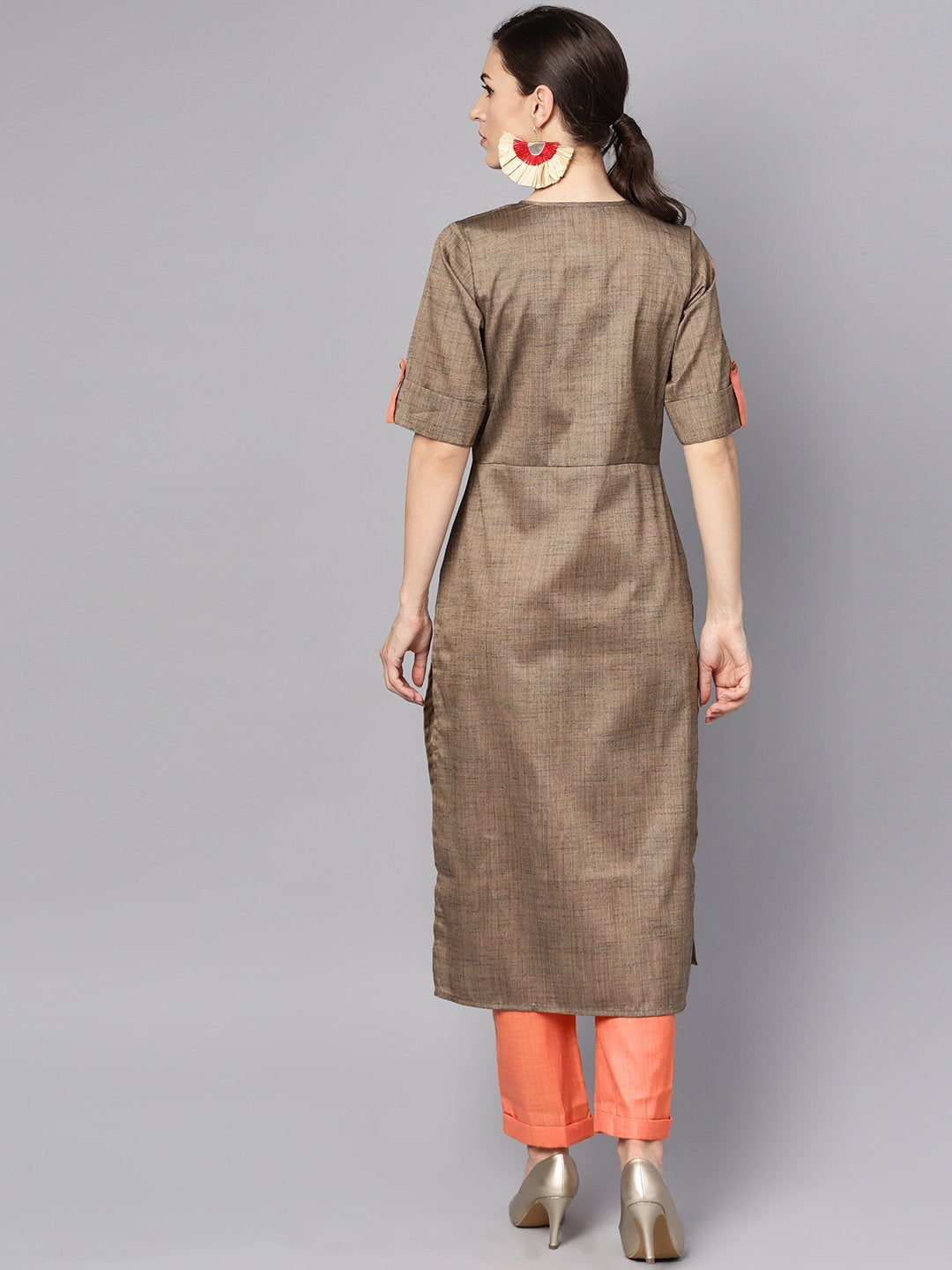 Solid Brown Half Sleeve Cotton Kurta With Solid Peach Pants | LASVINI - Redefining Indian Fashion with Elegance