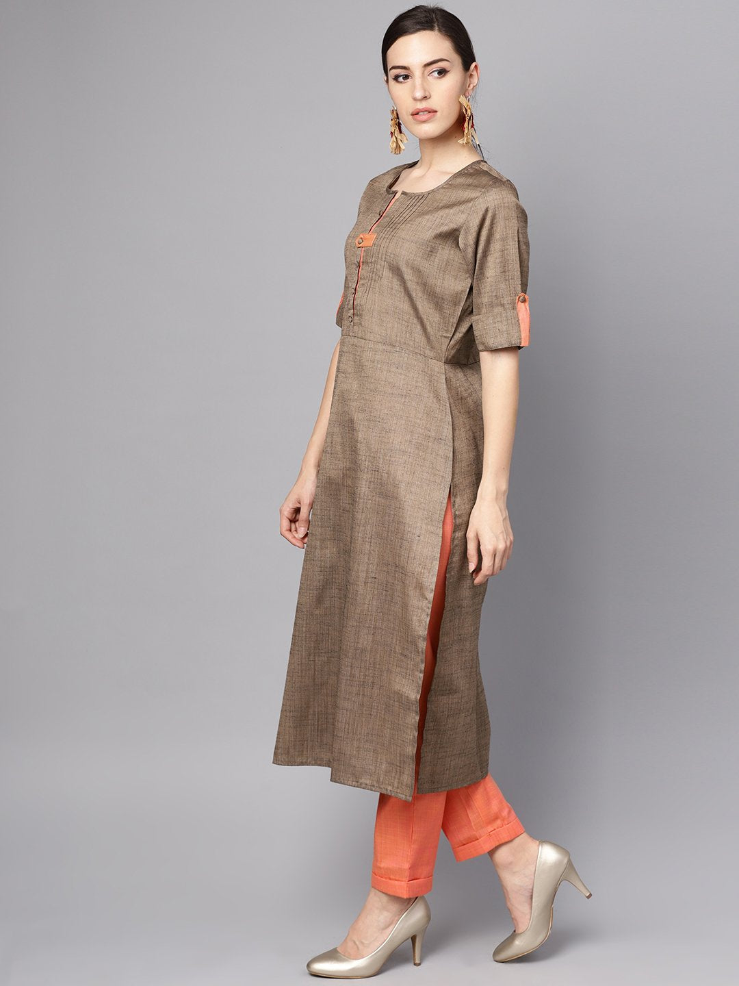 Solid Brown Half Sleeve Cotton Kurta With Solid Peach Pants | LASVINI - Redefining Indian Fashion with Elegance