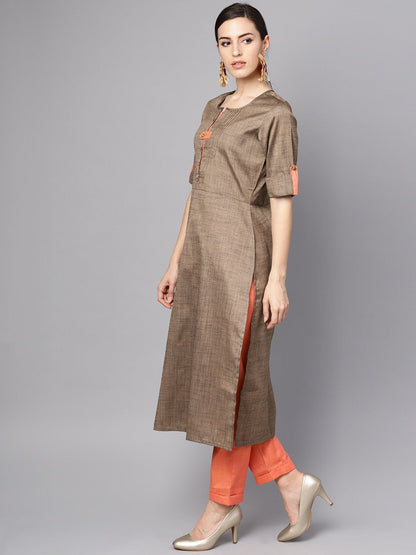 Solid Brown Half Sleeve Cotton Kurta With Solid Peach Pants | LASVINI - Redefining Indian Fashion with Elegance