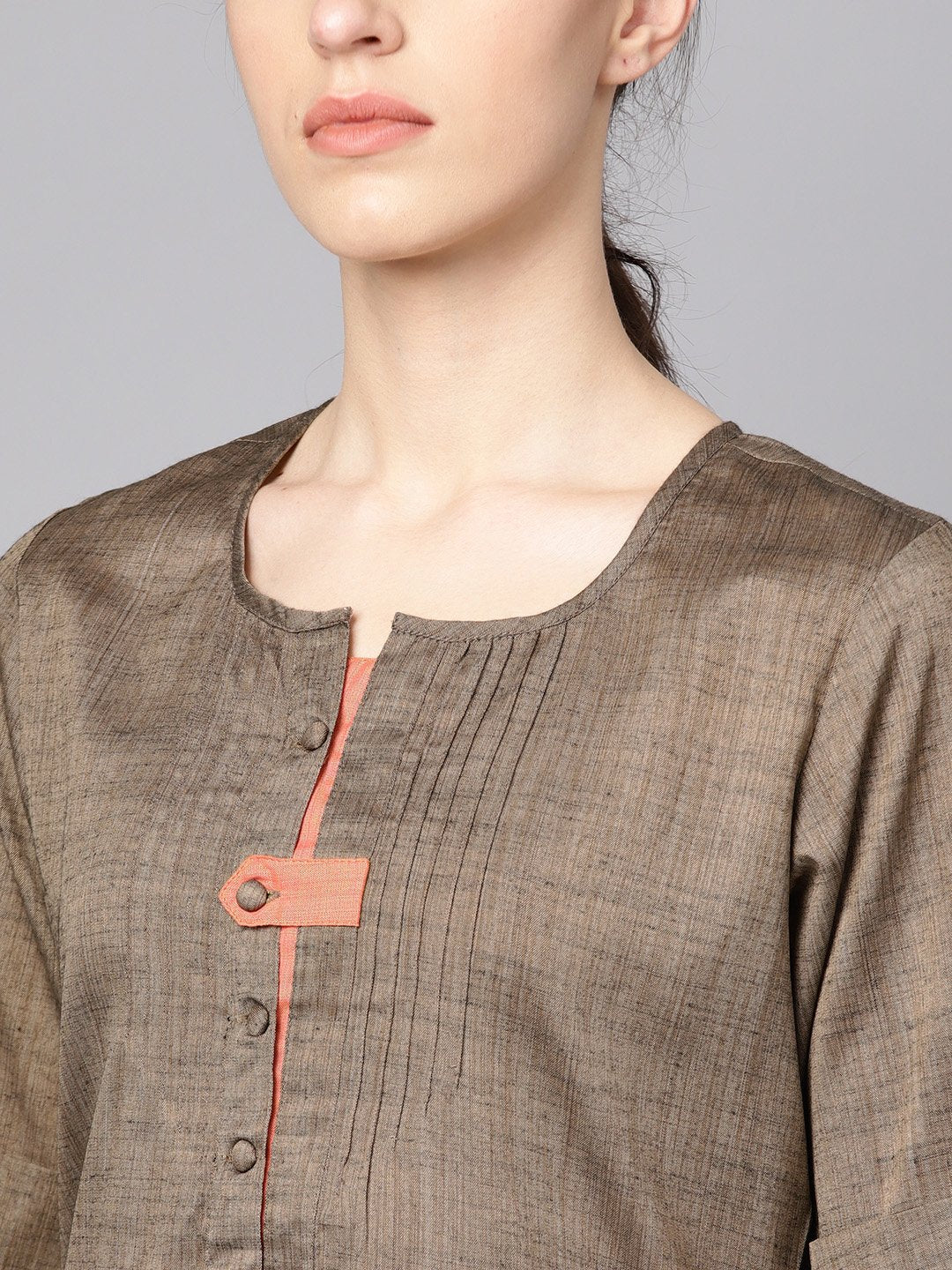 Solid Brown Half Sleeve Cotton Kurta With Solid Peach Pants | LASVINI - Redefining Indian Fashion with Elegance