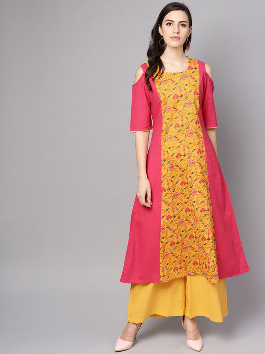 Yellow Patola Printed Cold Shoulder Sleeve Cotton Kurta With Solid Flared Palazzo | LASVINI - Redefining Indian Fashion with Elegance