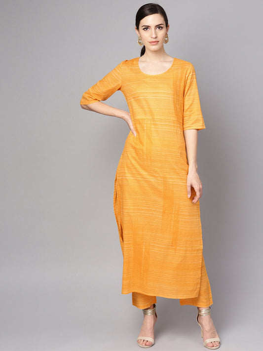 Yellow Cotton Slub Half Sleeve Kurta Set With Pants | LASVINI - Redefining Indian Fashion with Elegance