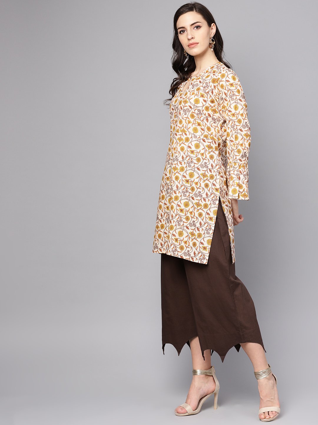 Round Neck Kurta With Gathered Full Sleeves & Handkerchief Palazzo | LASVINI - Redefining Indian Fashion with Elegance