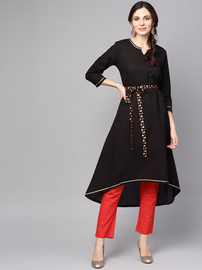 Solid Black Asyemmetric Kurta With Printed Belt | LASVINI - Redefining Indian Fashion with Elegance