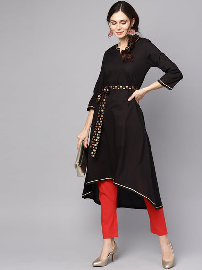 Solid Black Asyemmetric Kurta With Printed Belt | LASVINI - Redefining Indian Fashion with Elegance