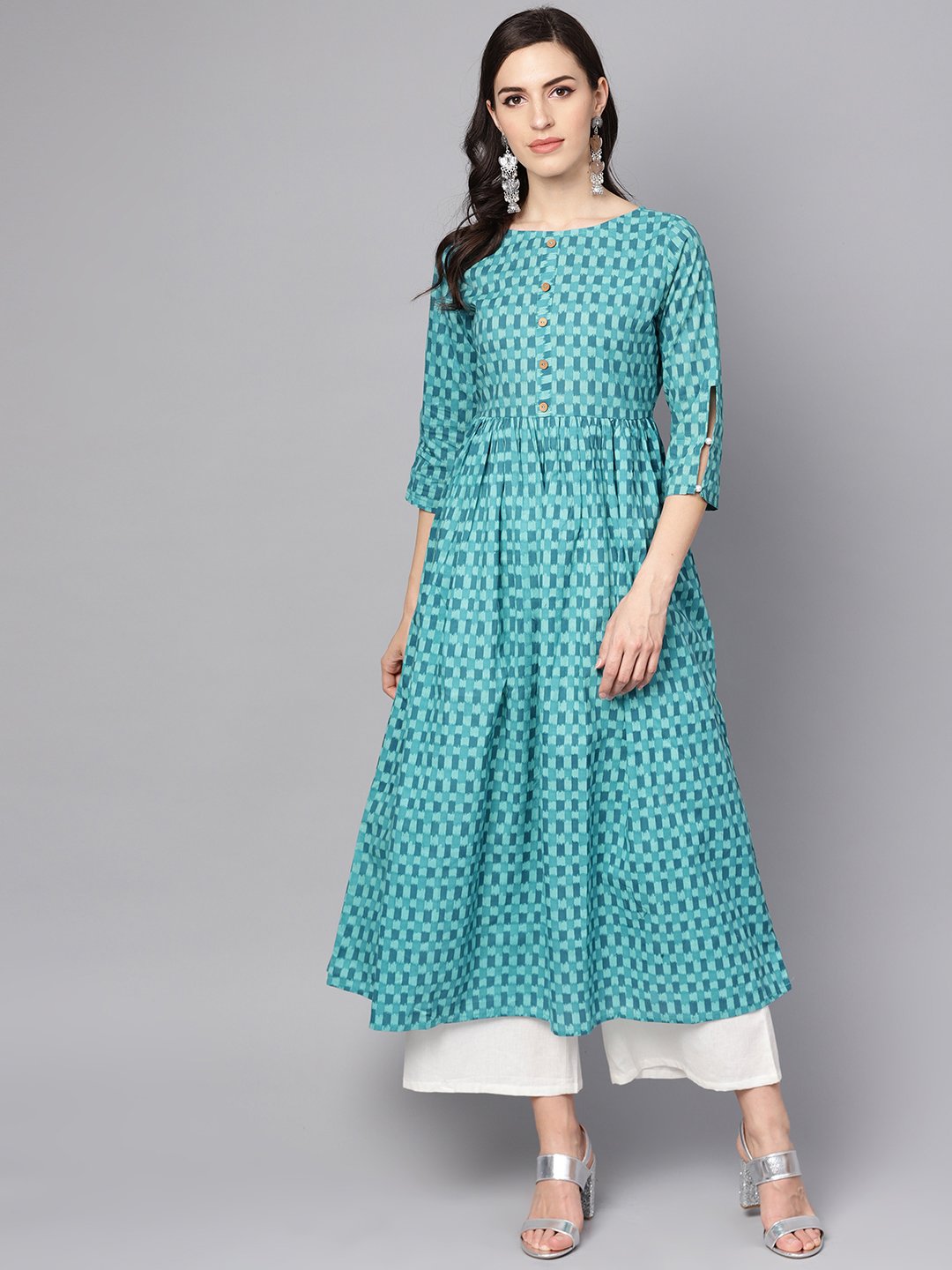 Blue Checked Pleated Kurta With Round Neck & 3/4 Sleeves | LASVINI - Redefining Indian Fashion with Elegance