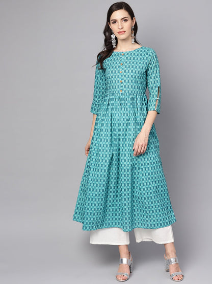 Blue Checked Pleated Kurta With Round Neck & 3/4 Sleeves | LASVINI - Redefining Indian Fashion with Elegance