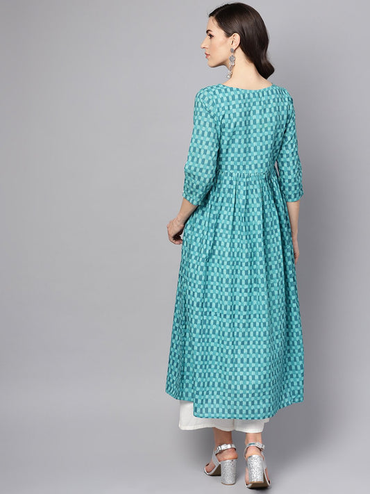 Blue Checked Pleated Kurta With Round Neck & 3/4 Sleeves | LASVINI - Redefining Indian Fashion with Elegance
