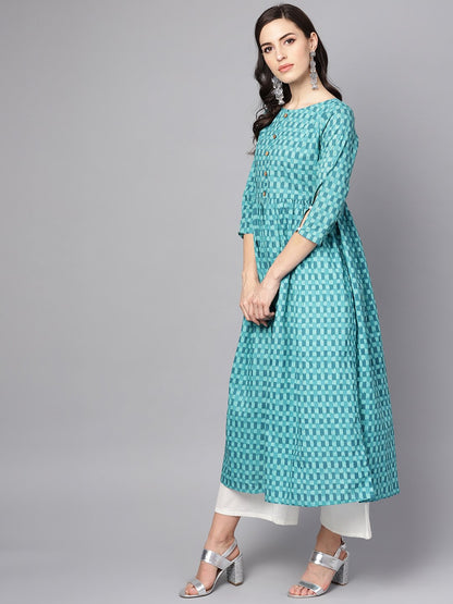 Blue Checked Pleated Kurta With Round Neck & 3/4 Sleeves | LASVINI - Redefining Indian Fashion with Elegance