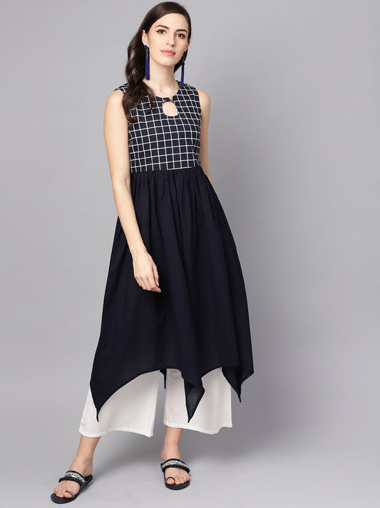 Black & White Checked Assyemtric Kurta With Keyhole Neckline | LASVINI - Redefining Indian Fashion with Elegance
