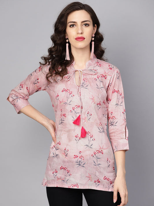 Baby Pink Printed 3/4Th Sleeve Cotton Tunic | LASVINI - Redefining Indian Fashion with Elegance