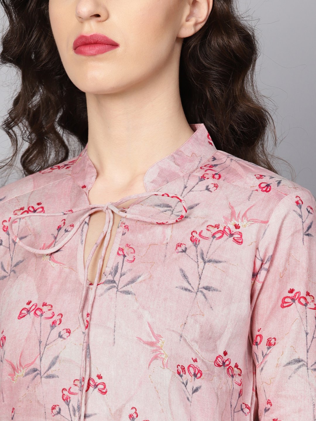 Baby Pink Printed 3/4Th Sleeve Cotton Tunic | LASVINI - Redefining Indian Fashion with Elegance