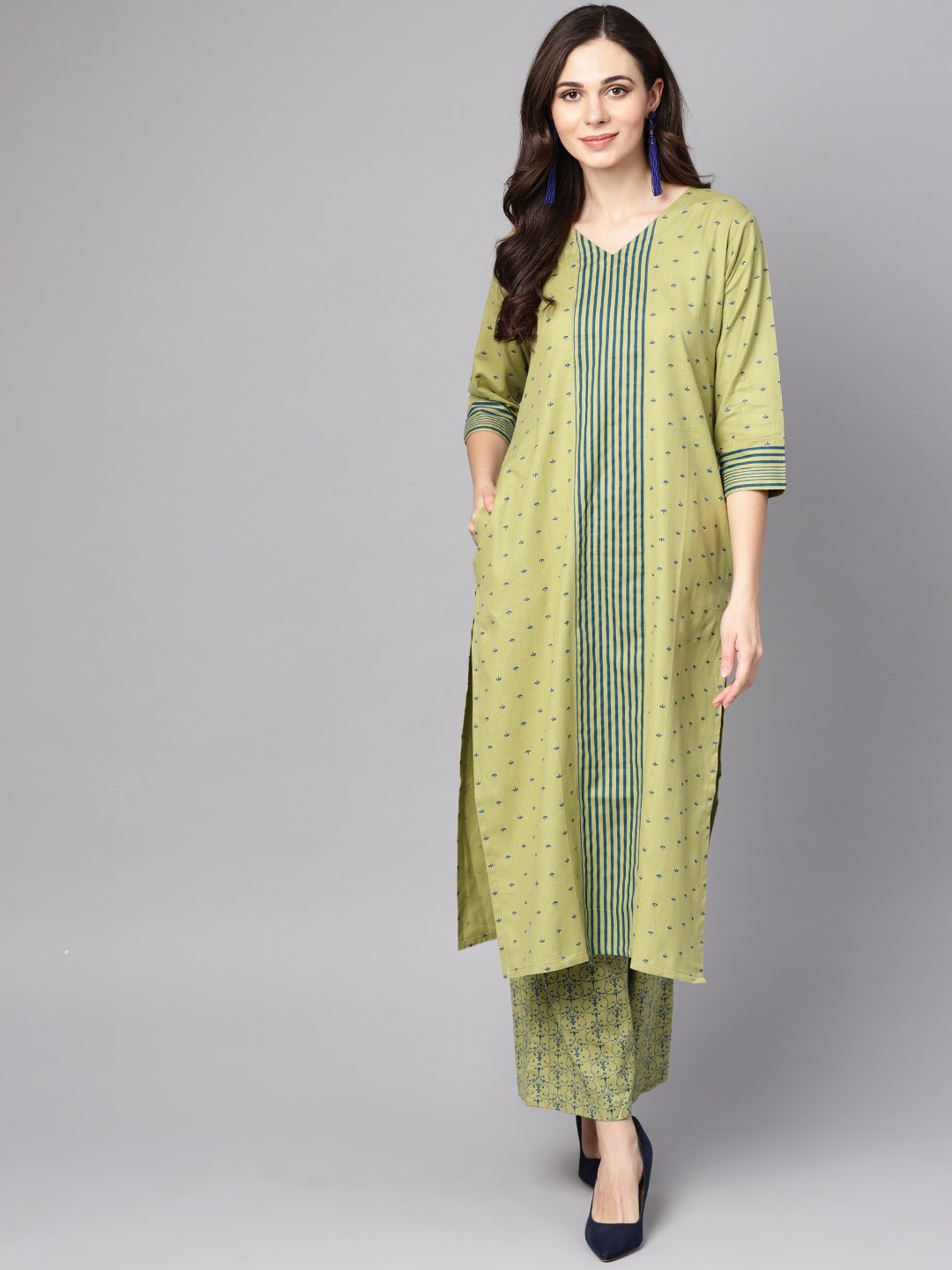 Green Printed 3/4Th Sleeve Cotton Kurta With Printed Palazzo | LASVINI - Redefining Indian Fashion with Elegance