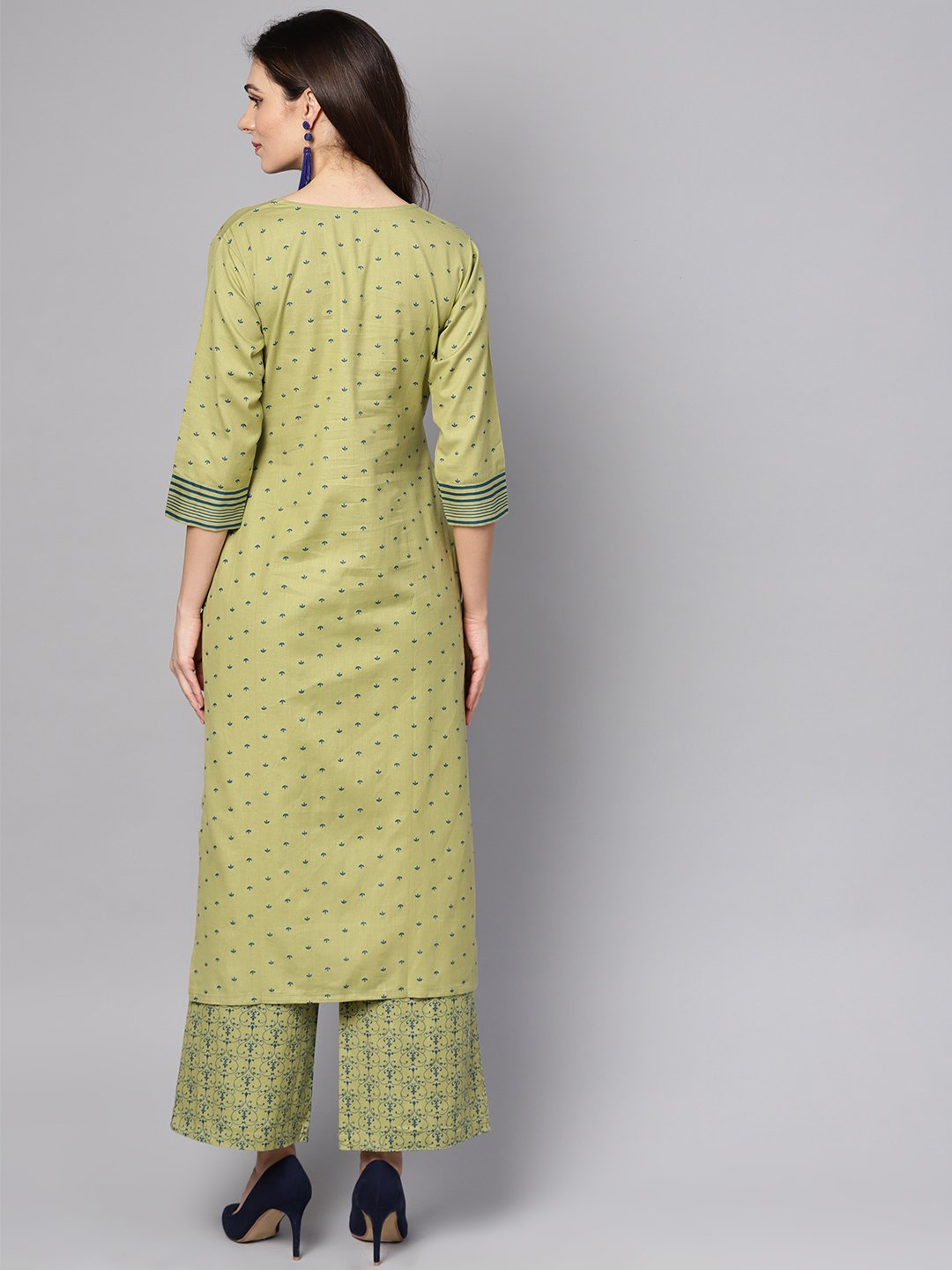 Green Printed 3/4Th Sleeve Cotton Kurta With Printed Palazzo | LASVINI - Redefining Indian Fashion with Elegance