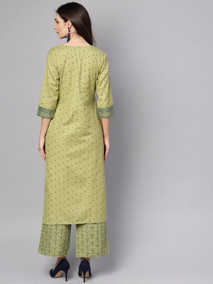 Green Printed 3/4Th Sleeve Cotton Kurta With Printed Palazzo | LASVINI - Redefining Indian Fashion with Elegance
