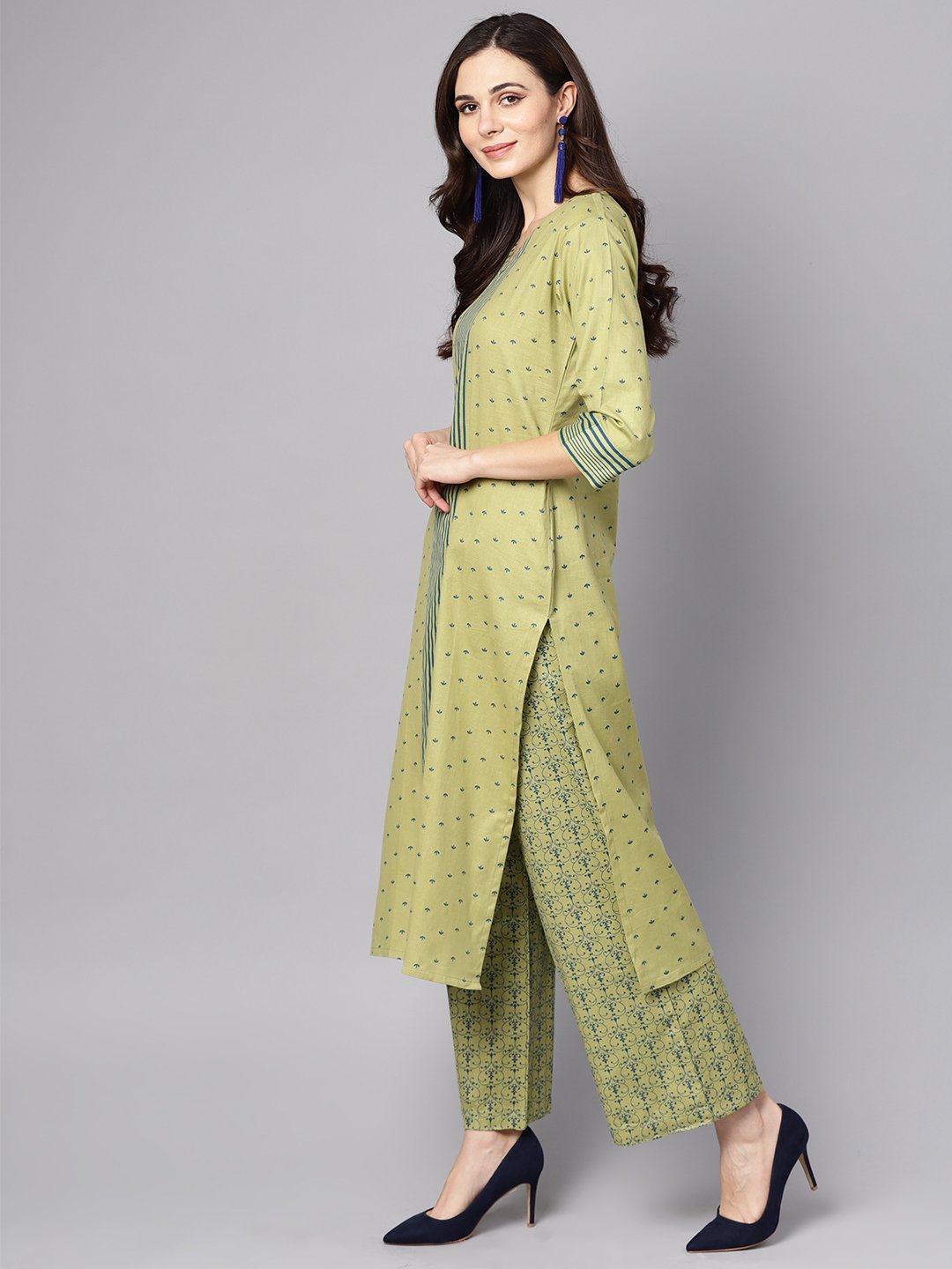 Green Printed 3/4Th Sleeve Cotton Kurta With Printed Palazzo | LASVINI - Redefining Indian Fashion with Elegance