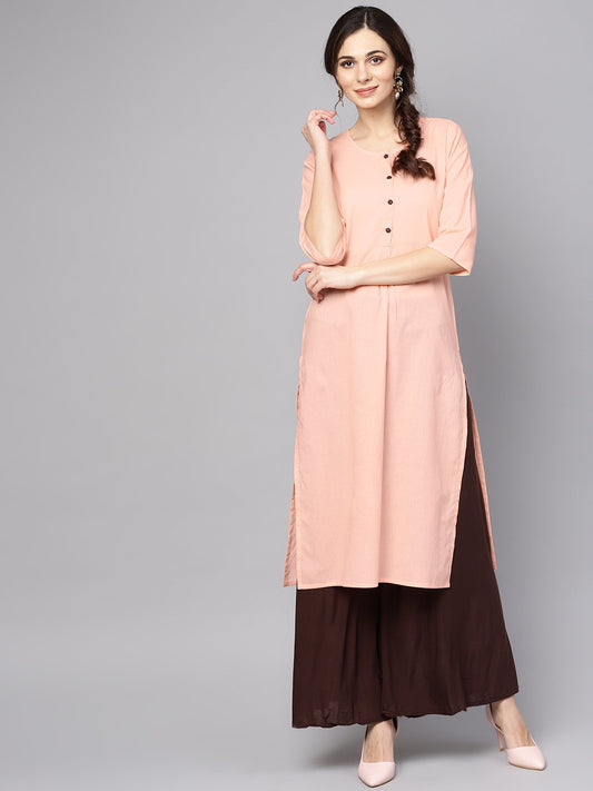 Solid Peach 3/4Th Sleeve Cotton Kurta | LASVINI - Redefining Indian Fashion with Elegance
