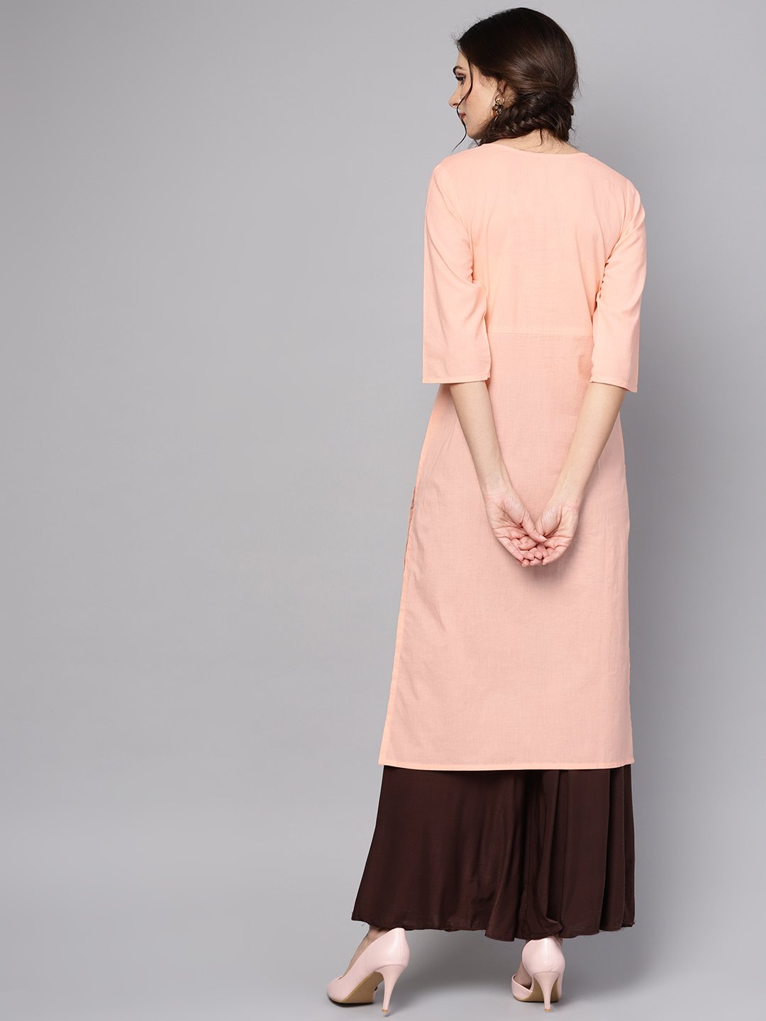 Solid Peach 3/4Th Sleeve Cotton Kurta | LASVINI - Redefining Indian Fashion with Elegance