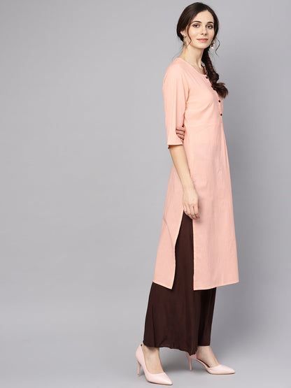 Solid Peach 3/4Th Sleeve Cotton Kurta | LASVINI - Redefining Indian Fashion with Elegance