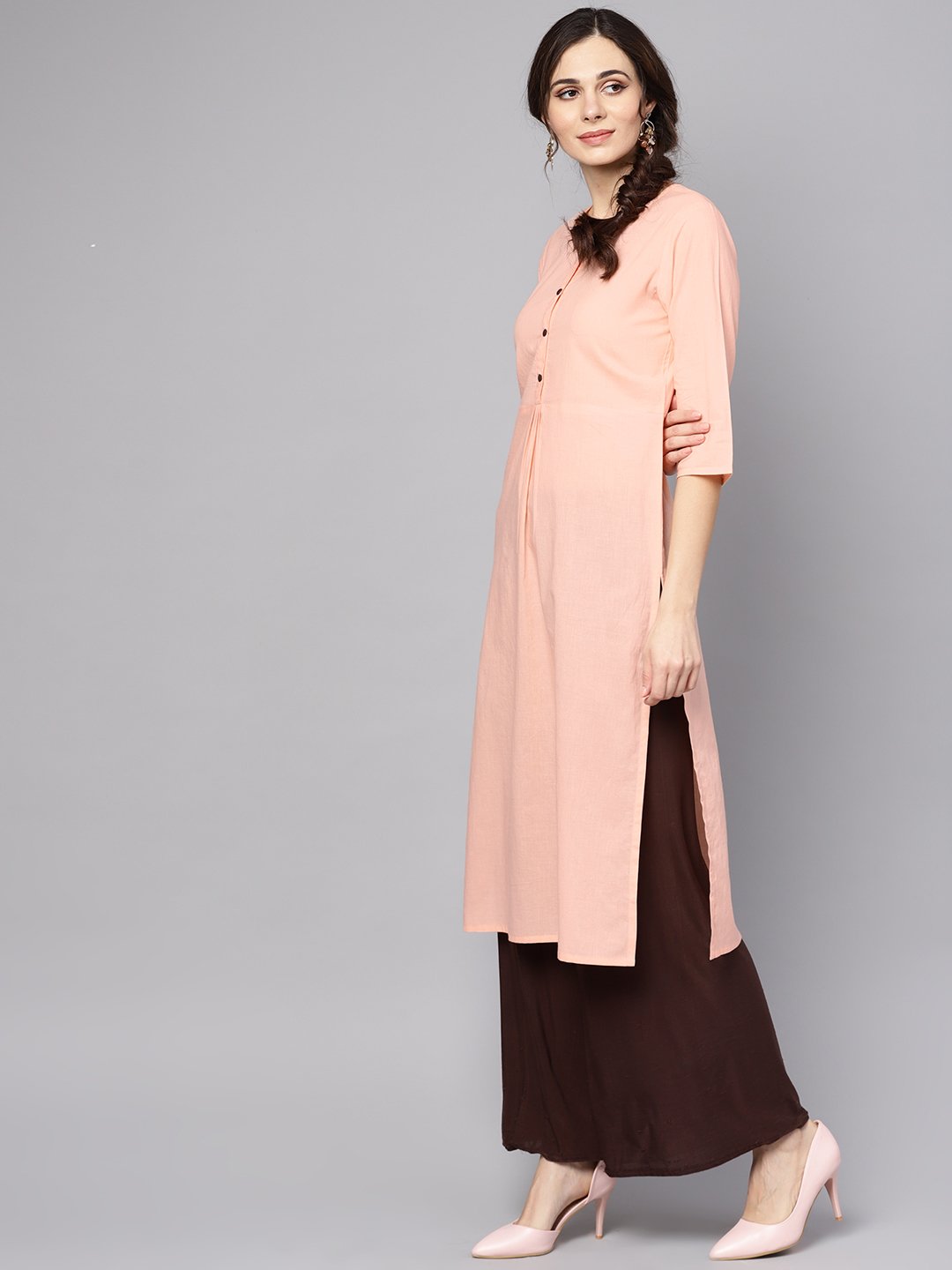 Solid Peach 3/4Th Sleeve Cotton Kurta | LASVINI - Redefining Indian Fashion with Elegance