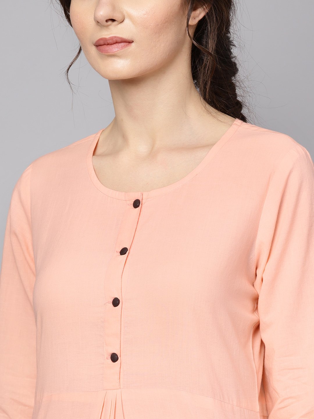 Solid Peach 3/4Th Sleeve Cotton Kurta | LASVINI - Redefining Indian Fashion with Elegance