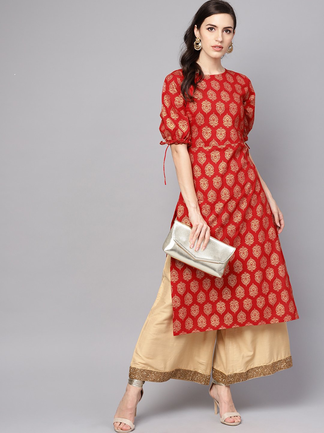 Red Printed Half Sleeve Cotton Straight Kurta | LASVINI - Redefining Indian Fashion with Elegance