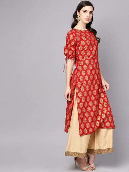 Red Printed Half Sleeve Cotton Straight Kurta | LASVINI - Redefining Indian Fashion with Elegance