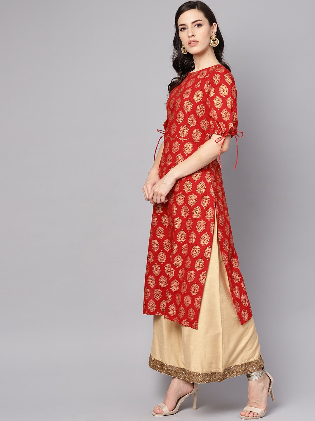 Red Printed Half Sleeve Cotton Straight Kurta | LASVINI - Redefining Indian Fashion with Elegance