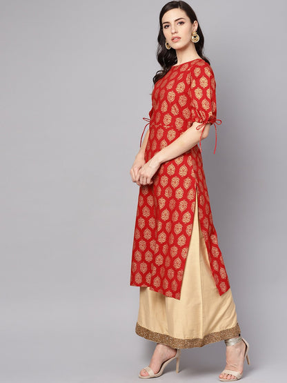 Red Printed Half Sleeve Cotton Straight Kurta | LASVINI - Redefining Indian Fashion with Elegance