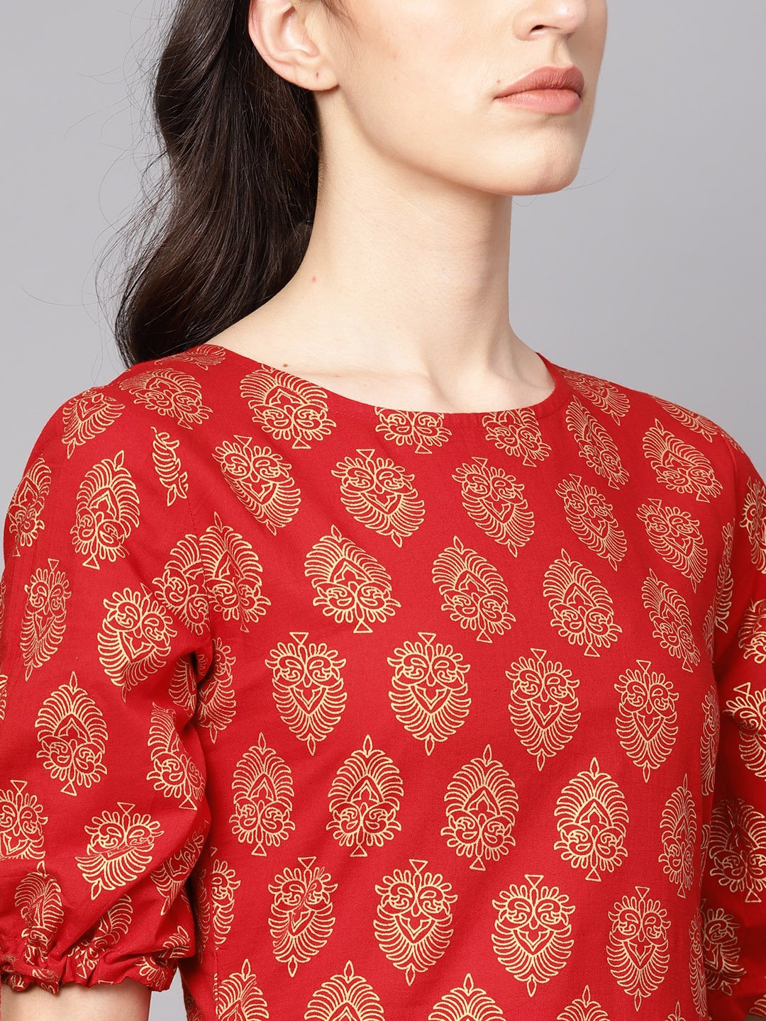 Red Printed Half Sleeve Cotton Straight Kurta | LASVINI - Redefining Indian Fashion with Elegance