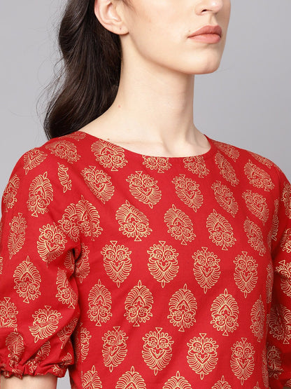 Red Printed Half Sleeve Cotton Straight Kurta | LASVINI - Redefining Indian Fashion with Elegance