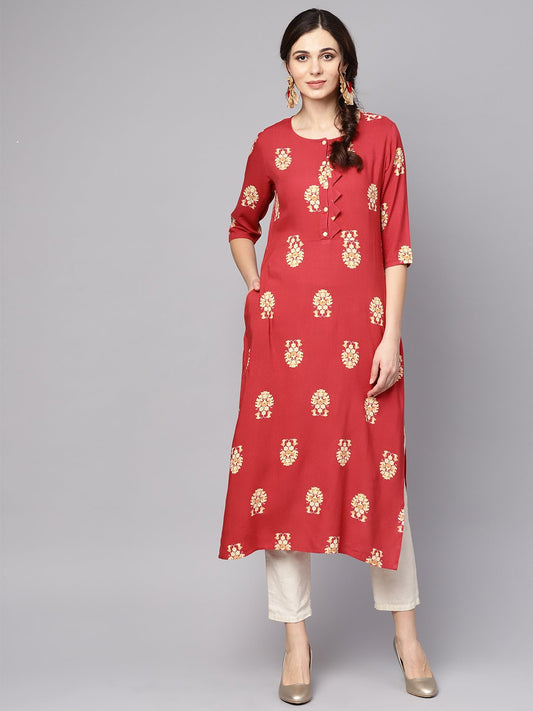 Red Printed Short Sleeve Rayon Straight Kurta | LASVINI - Redefining Indian Fashion with Elegance