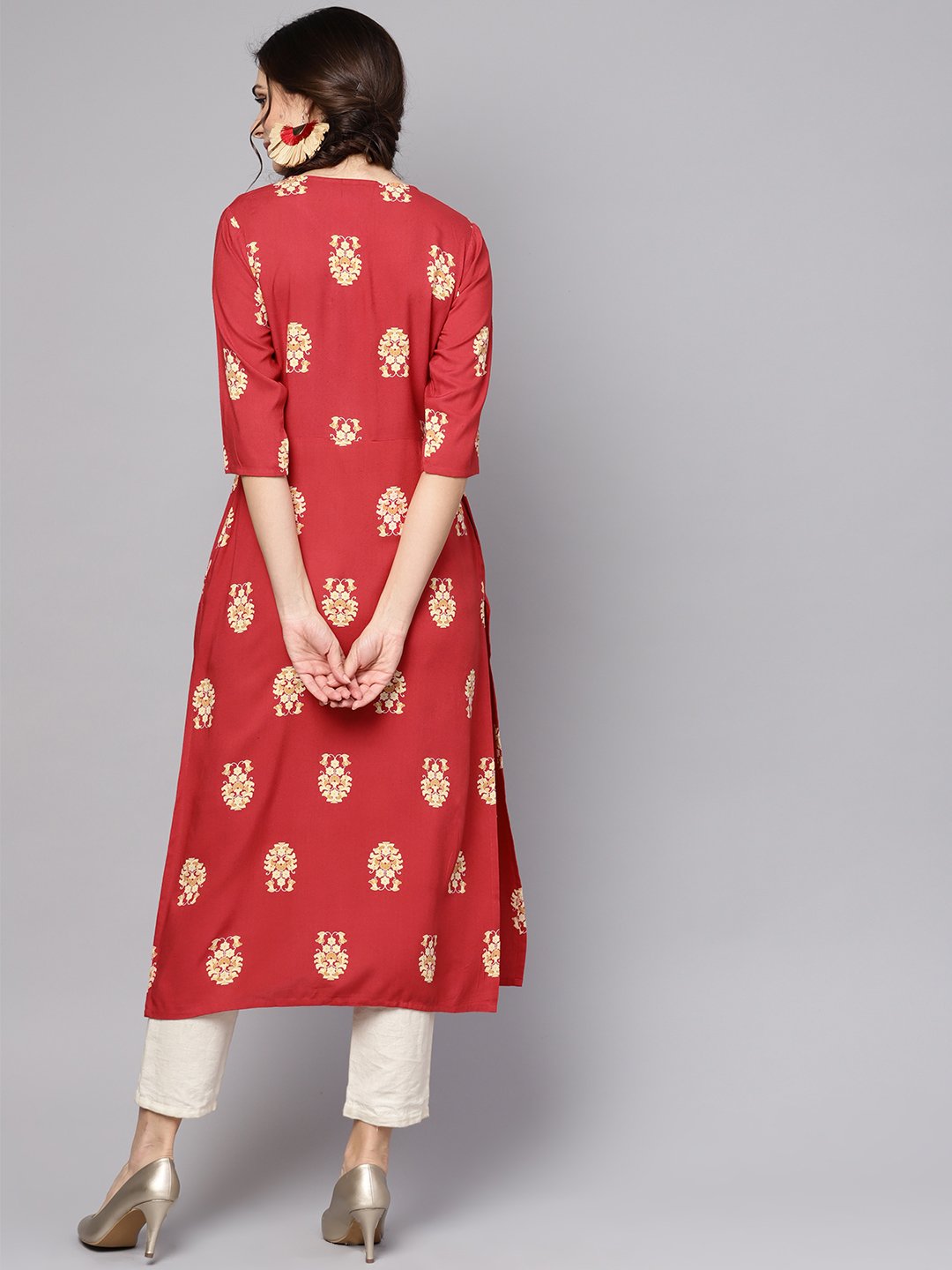 Red Printed Short Sleeve Rayon Straight Kurta | LASVINI - Redefining Indian Fashion with Elegance