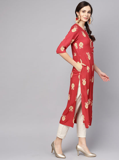 Red Printed Short Sleeve Rayon Straight Kurta | LASVINI - Redefining Indian Fashion with Elegance