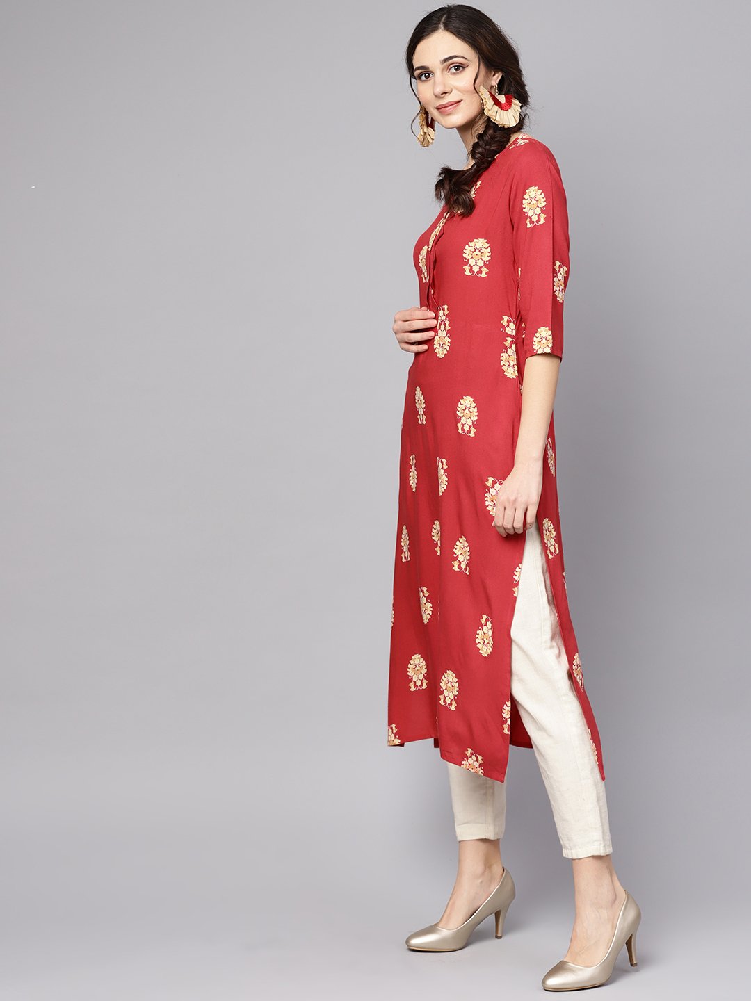 Red Printed Short Sleeve Rayon Straight Kurta | LASVINI - Redefining Indian Fashion with Elegance