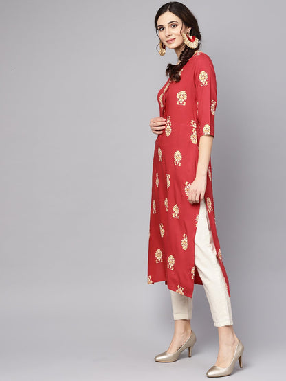 Red Printed Short Sleeve Rayon Straight Kurta | LASVINI - Redefining Indian Fashion with Elegance