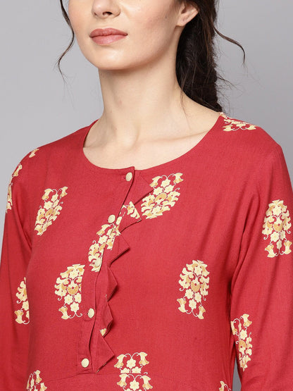 Red Printed Short Sleeve Rayon Straight Kurta | LASVINI - Redefining Indian Fashion with Elegance